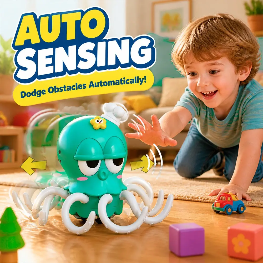 Electric Induction Octopus Toy, Automatic Obstacle Avoidance Crawling Toy with Voice Recording Repeat, Colorful Light & Music, Detachable Magnetic Star, Early Educational Sensory Toy, Birthday Christmas Gift for Toddlers Kids
