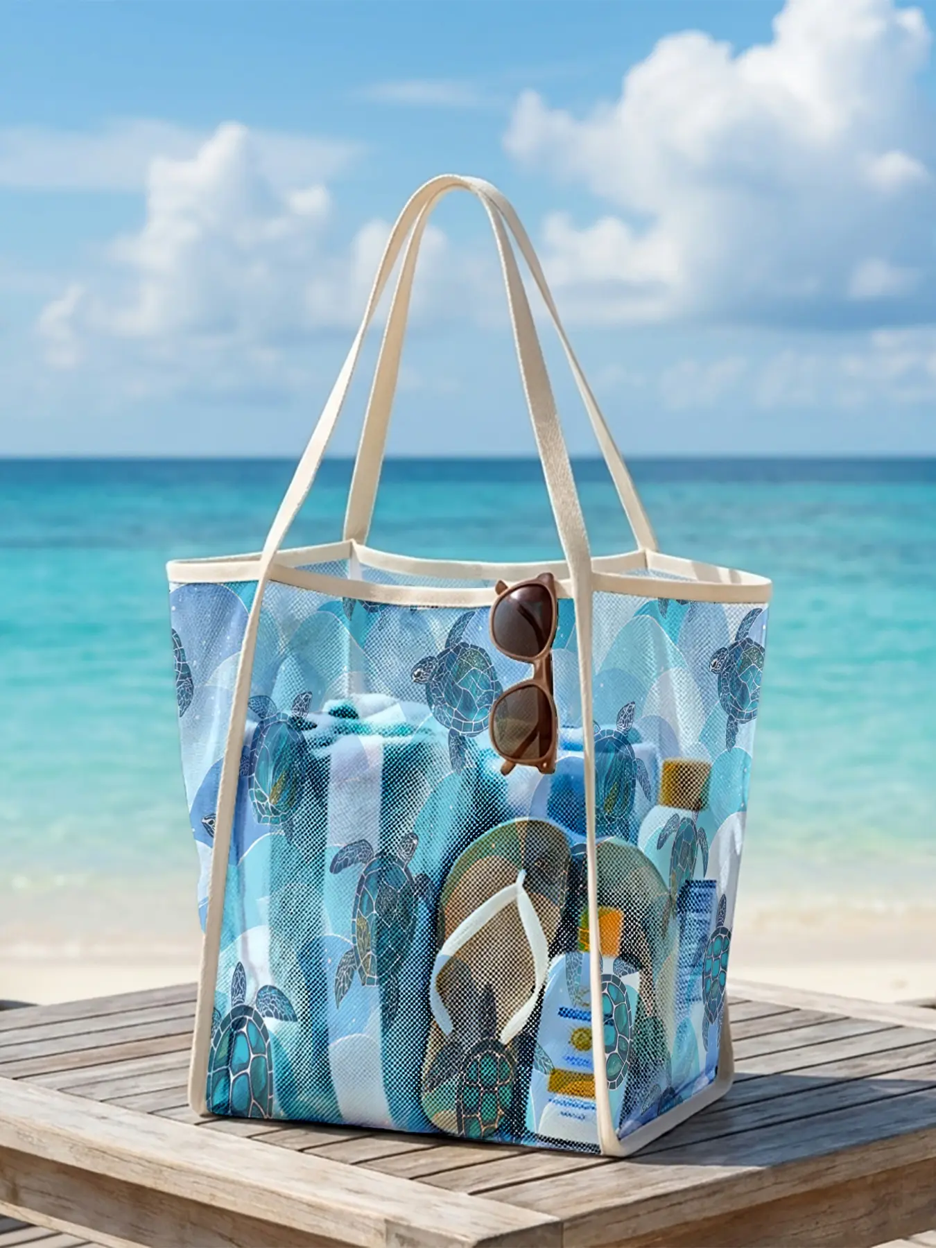 1pc, lady's shoulder bag Turtle Ocean 2D Print Lightweight net fabric + open design with large capacity, foldable for storage | Suitable for various scenarios, Getaway Beach Bag | Your unique sense of relaxation