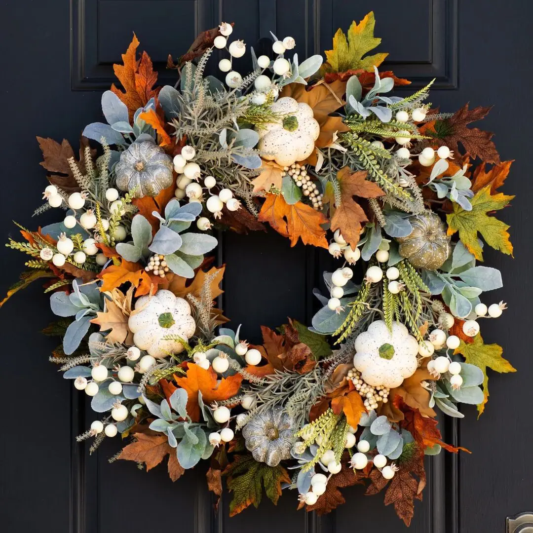 Large Halloween Autumn Pumpkin Wreath, Front Door Farmhouse Fall Wreath, Maple Leaf Rose Pumpkin Berries, Thanksgiving Decor for Indoor Corridor