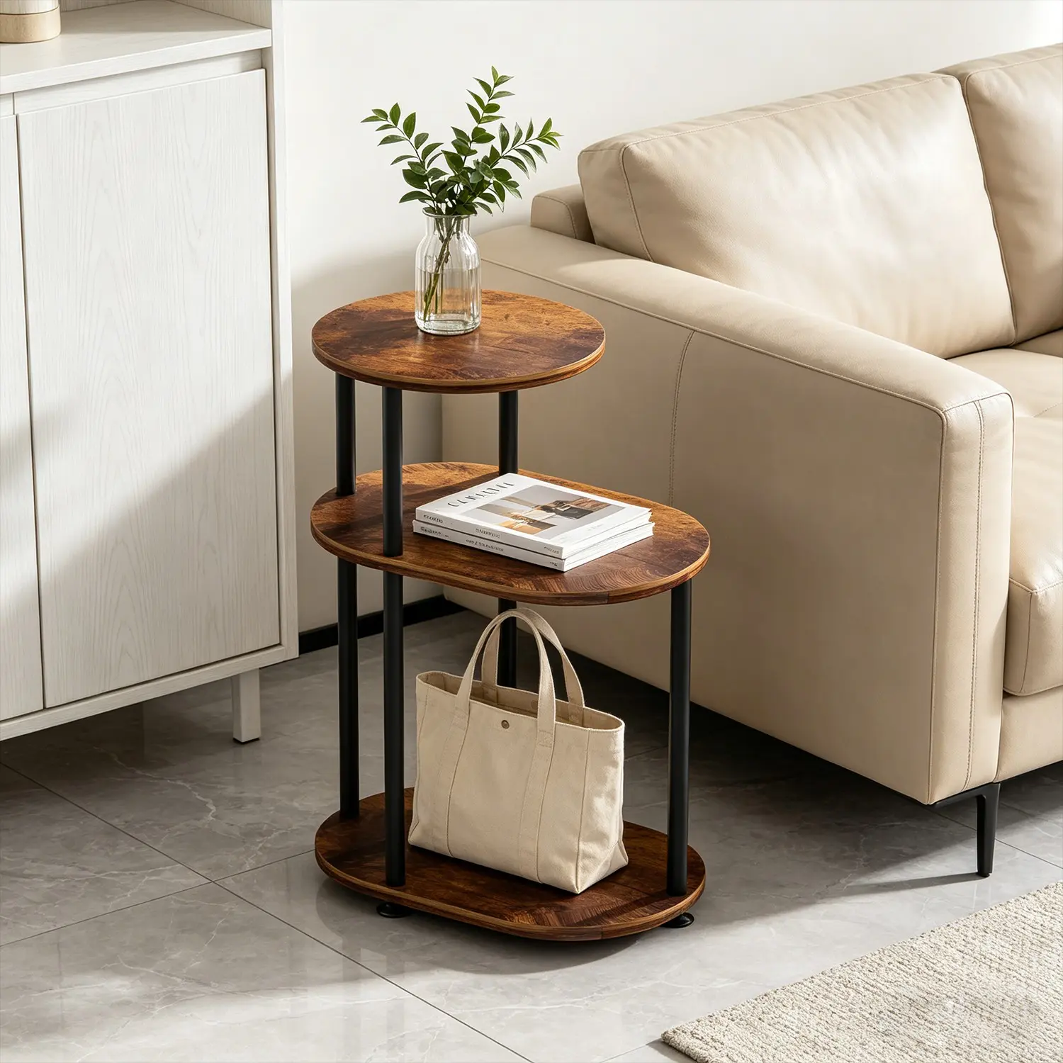 Three-Tier Staircase Side Table, Narrow Design for Small Spaces, Vintage Wood Grain, Industrial Style Sofa Side Table, Living Room Bedroom Bedside Cabinet, Sofa Edge Table, Industrial Accent Table
