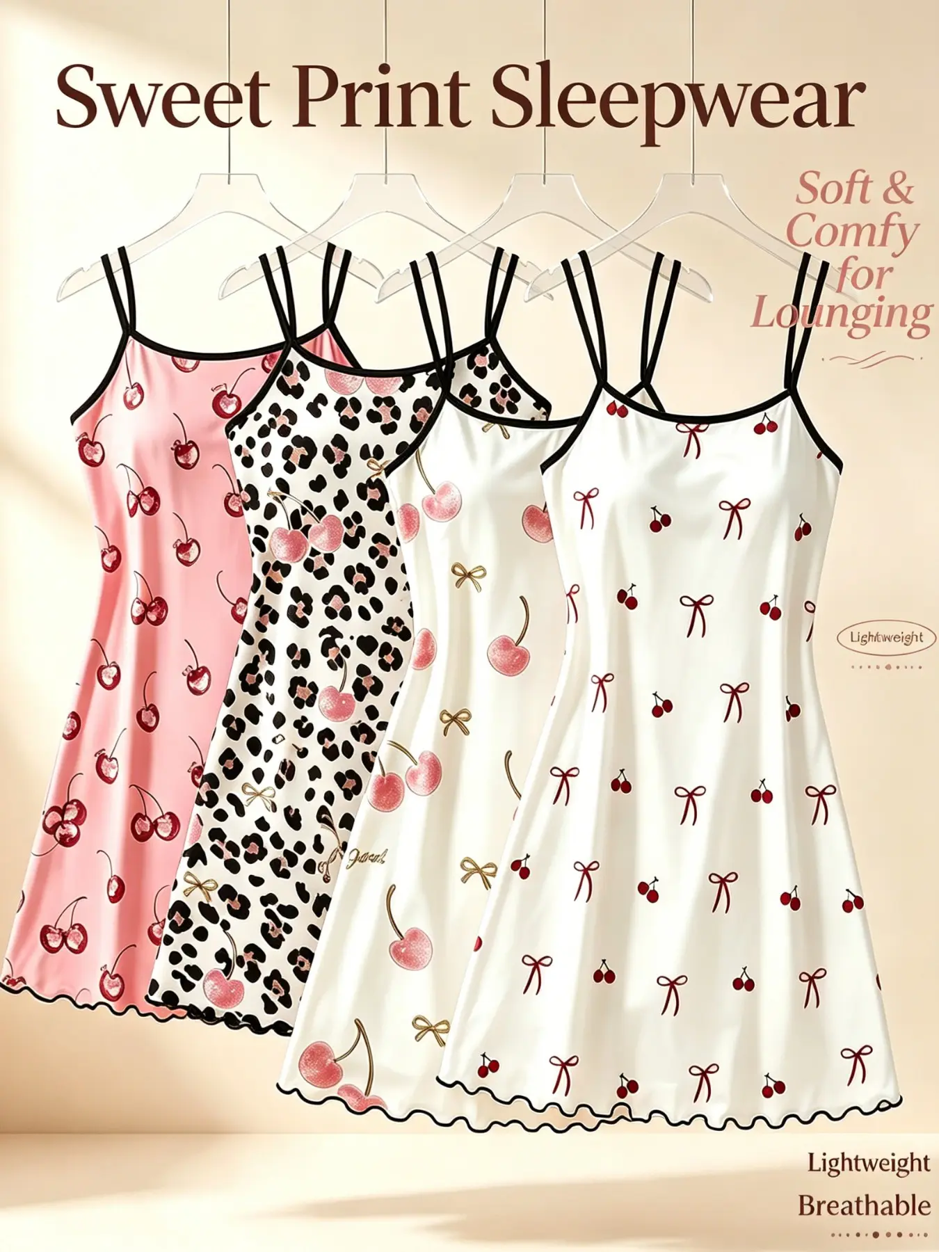 Women's 4-Piece Pajama Set, Cherry Print Leopard Pattern, Summer Sweet Style, Soft Breathable Fabric, Casual Home Wear