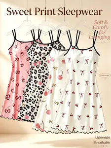 Women's 4-Piece Pajama Set, Cherry Print Leopard Pattern, Summer Sweet Style, Soft Breathable Fabric, Casual Home Wear