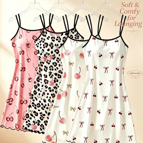 Women's 4-Piece Pajama Set, Cherry Print Leopard Pattern, Summer Sweet Style, Spaghetti Strap, Soft Breathable Fabric, Casual Home Wear