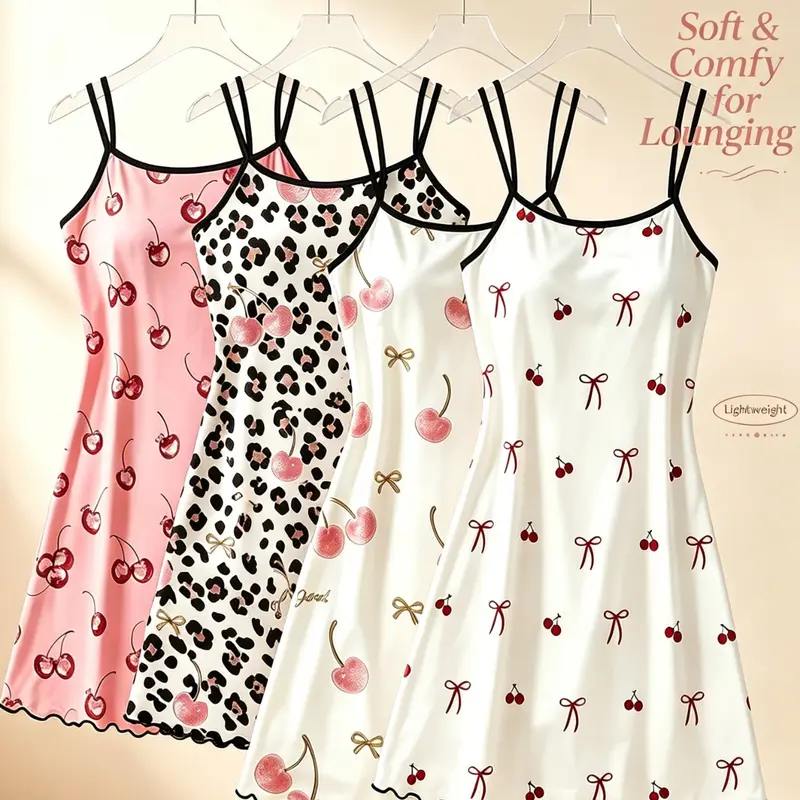 Women's 4-Piece Pajama Set, Cherry Print Leopard Pattern, Summer Sweet Style, Spaghetti Strap, Soft Breathable Fabric, Casual Home Wear