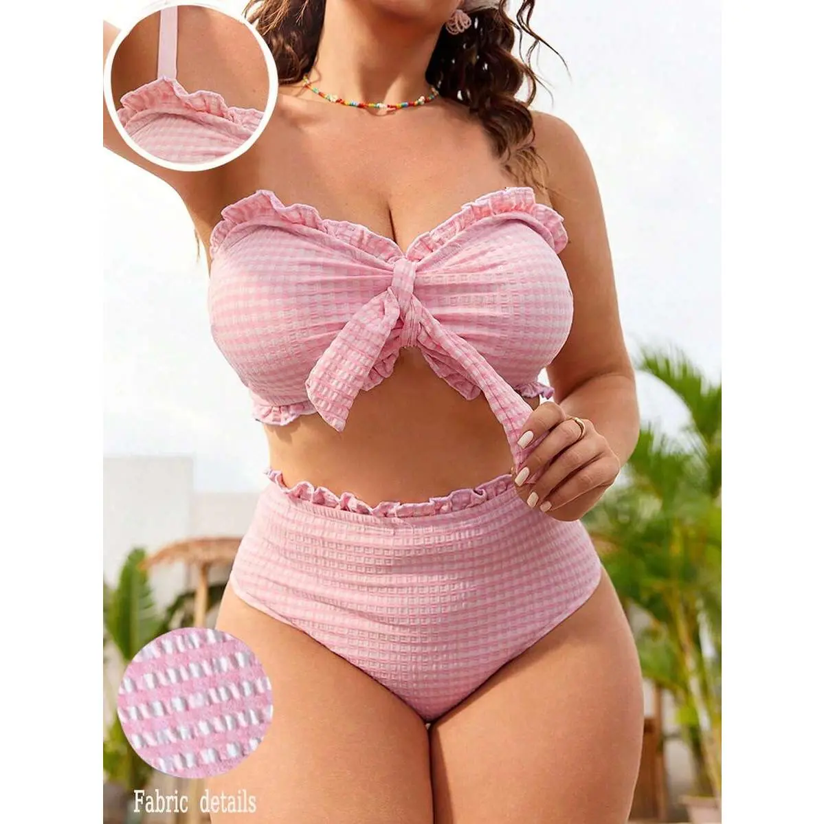Women's Plus Size Elegant 2-Piece Bikini Beachwear Set - Full Cup Bra, Ruffle Trim Bandeau Top, High-Waist Bottoms, Textured Polyester Blend Swimwear