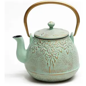 TOPTIER Japanese Teapot with Stainless Steel Infuser, Cast Iron Tea Kettle Stovetop Safe, Leaf Design Coated with Enameled Interior for 32 Ounce (950 ml), Light Green