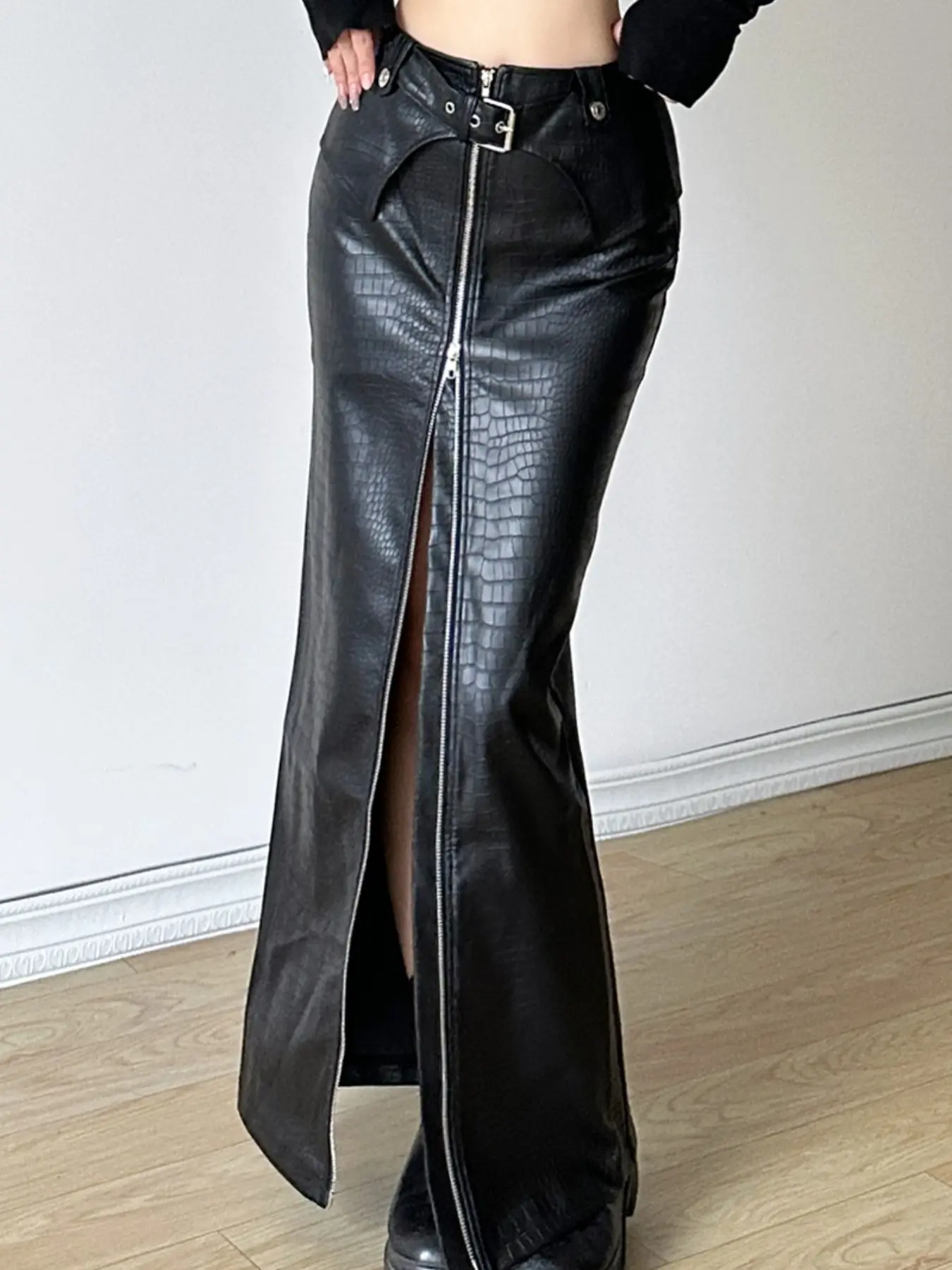 Women's Crocodile Print Artificial Leather Midi Skirt, High Waist Front Zipper, Full Buckle Detail, Straight Leg, Gothic Street Style