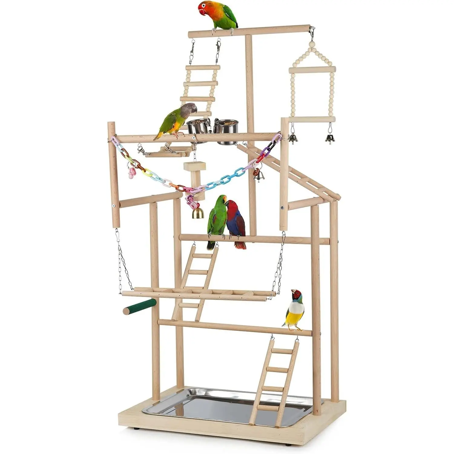 4 Layers Wood Pet Parrot Playstand | Bird Playground, Perch Gym Playpen, Ladder with Feeder Cups Bells, For Cockatiel Parakeet