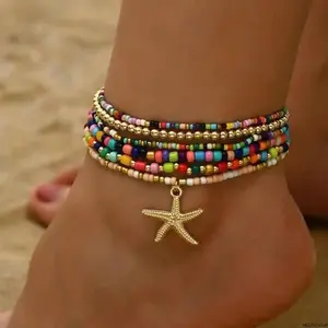 Boho Starfish Beaded Anklet for Women, Adjustable Nautical Star Pendant, Comfortable Outdoor Accessory and Bag Charm