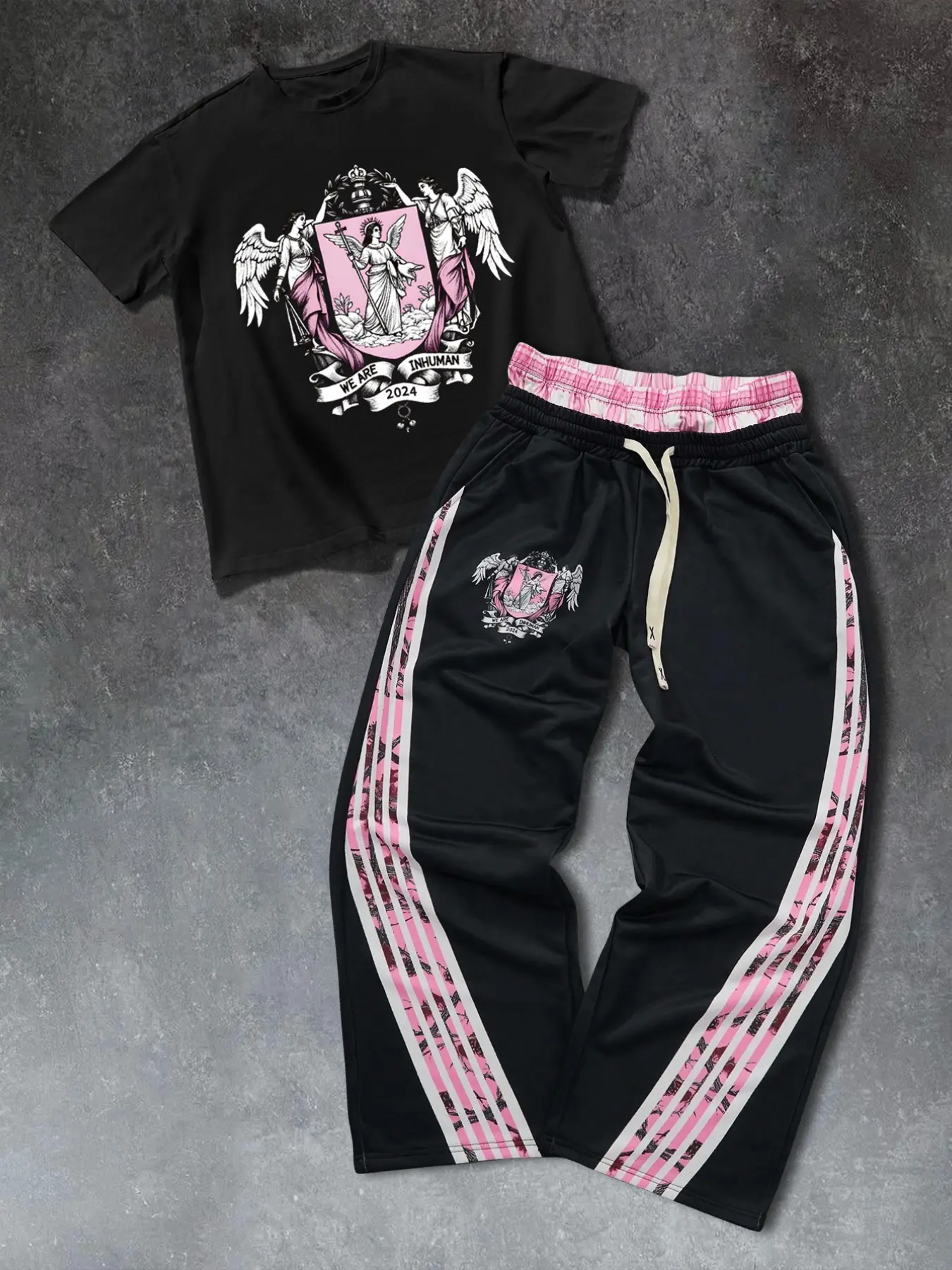 American College Angel Badge Printed 2 Piece Outfit Set, Y2K Sweet Cool Fake Two-piece Pink Plaid Double Waist Wide Leg Pants & Short Sleeve T-Shirt Set, Unisex Street Casual Tracksuit, Campus Couple Matching Outfit, Holiday Birthday Gif