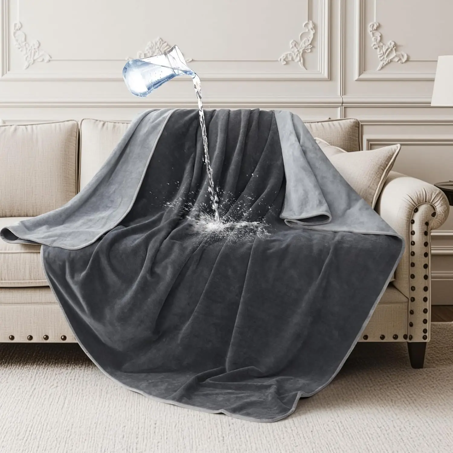 Waterproof Throw Blanket for Couch: Reversible Leakproof Couch Blanket 40" x 60", Soft Flannel & Coral Fleece Bed Blanket Stain-for Sofa Cover, Pet Accidents, Travel, Grey