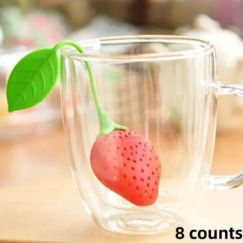 Strawberry Shaped Silicone Tea Infuser, 8 Counts Creative Leaf and Herbal Spice Diffuser with Easy-to-use Green Handle, Perfect for Home Bars and Kitchen Accessories