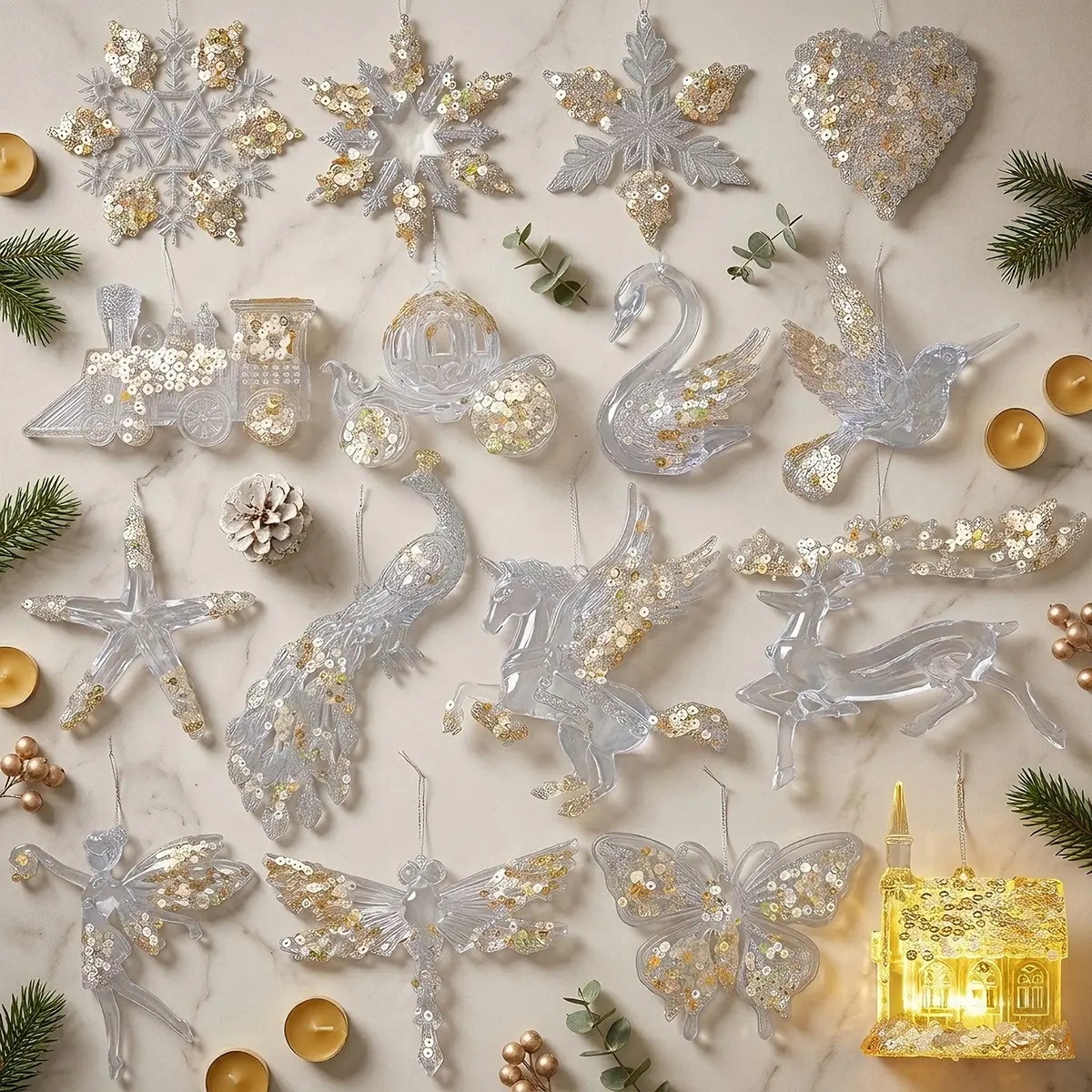Christmas Ornament Acrylic Glitter, Transparent Crystal Snowflake Pendant, Window Display Christmas Tree Decor, Festive Holiday Decoration