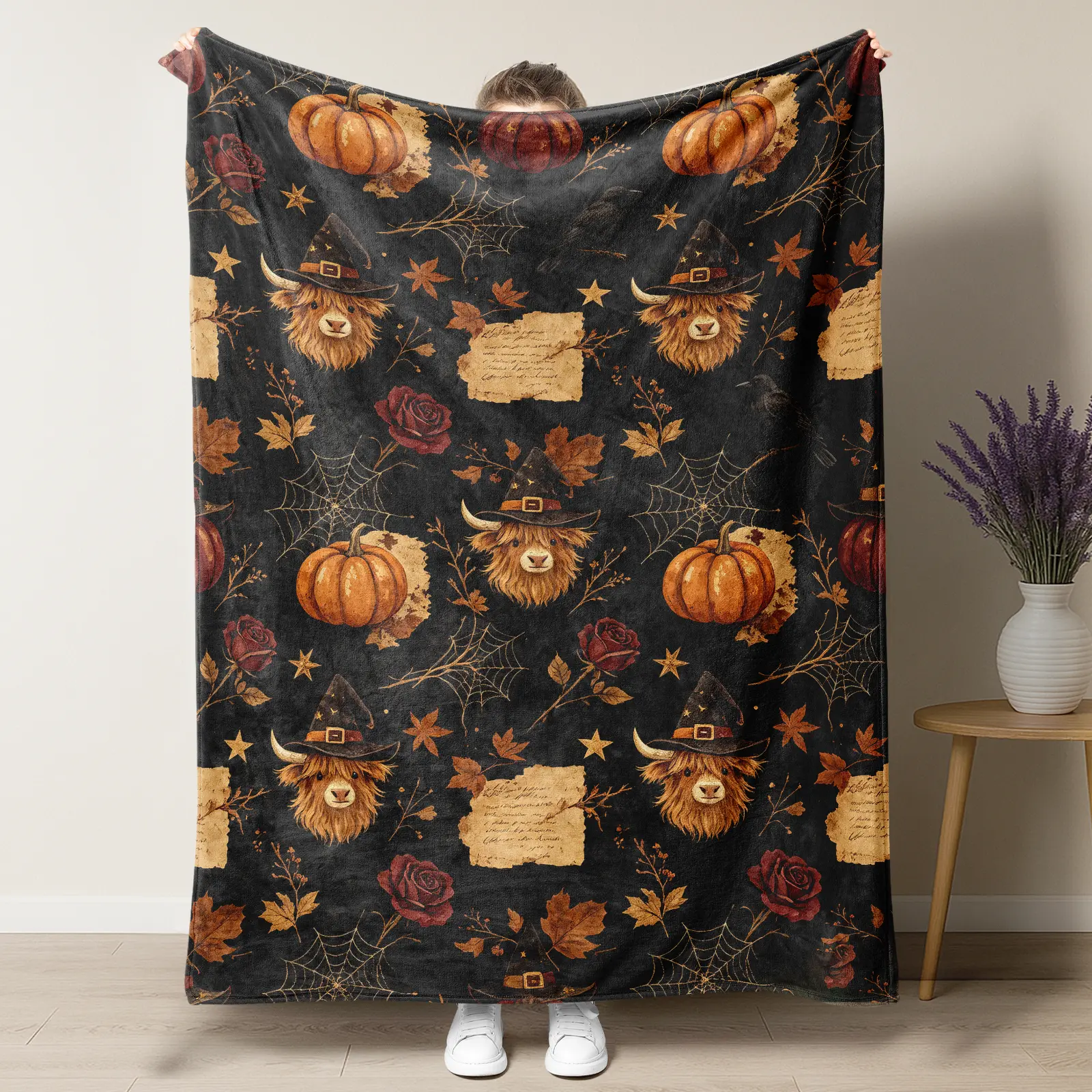 Gothic Halloween Highland Cow Throw Blanket,Witch Hat Cow Pumpkin Red Rose Crow Maple Leaf Spider Web Old Letter Seamless Print Soft Fluffy Fleece Blanket,Halloween Spooky Season Dark Cottagecore Farmhouse Autumn Sofa Bed Decor Gift Blanket