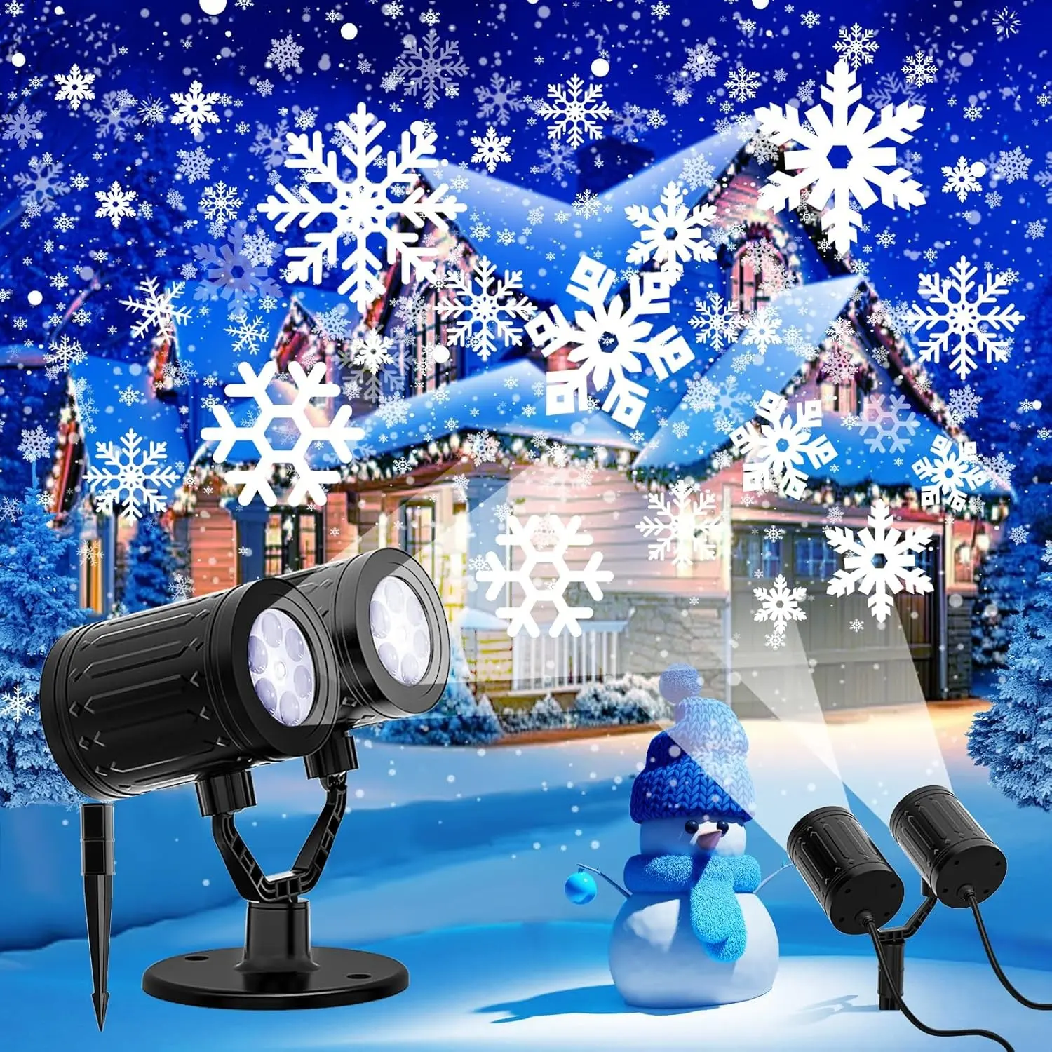 2025 Upgraded Double Head Christmas Snowflake Projector, 360° Rotating LED Lights with Timing Mode, IP65 Waterproof for Xmas Holiday Party, Indoor Outdoor House Decorations, Rotating Lights