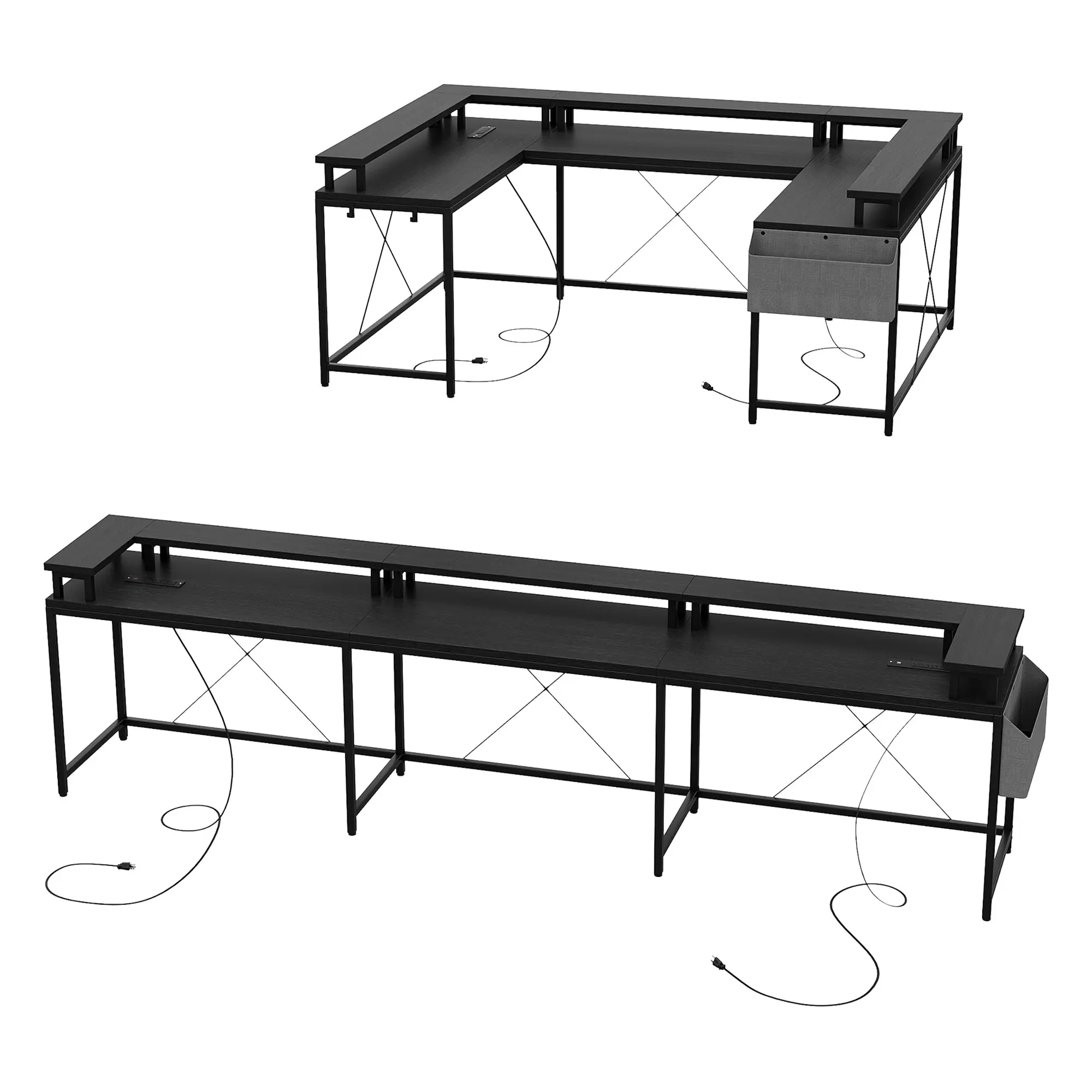 79-Inch Shaped Computer Gaming Desk - MDF Steel Corner Convertible Office Desk with LED Lights, Power Outlets, Reversible Design for Remote Workers, Home Office Use, PC Table