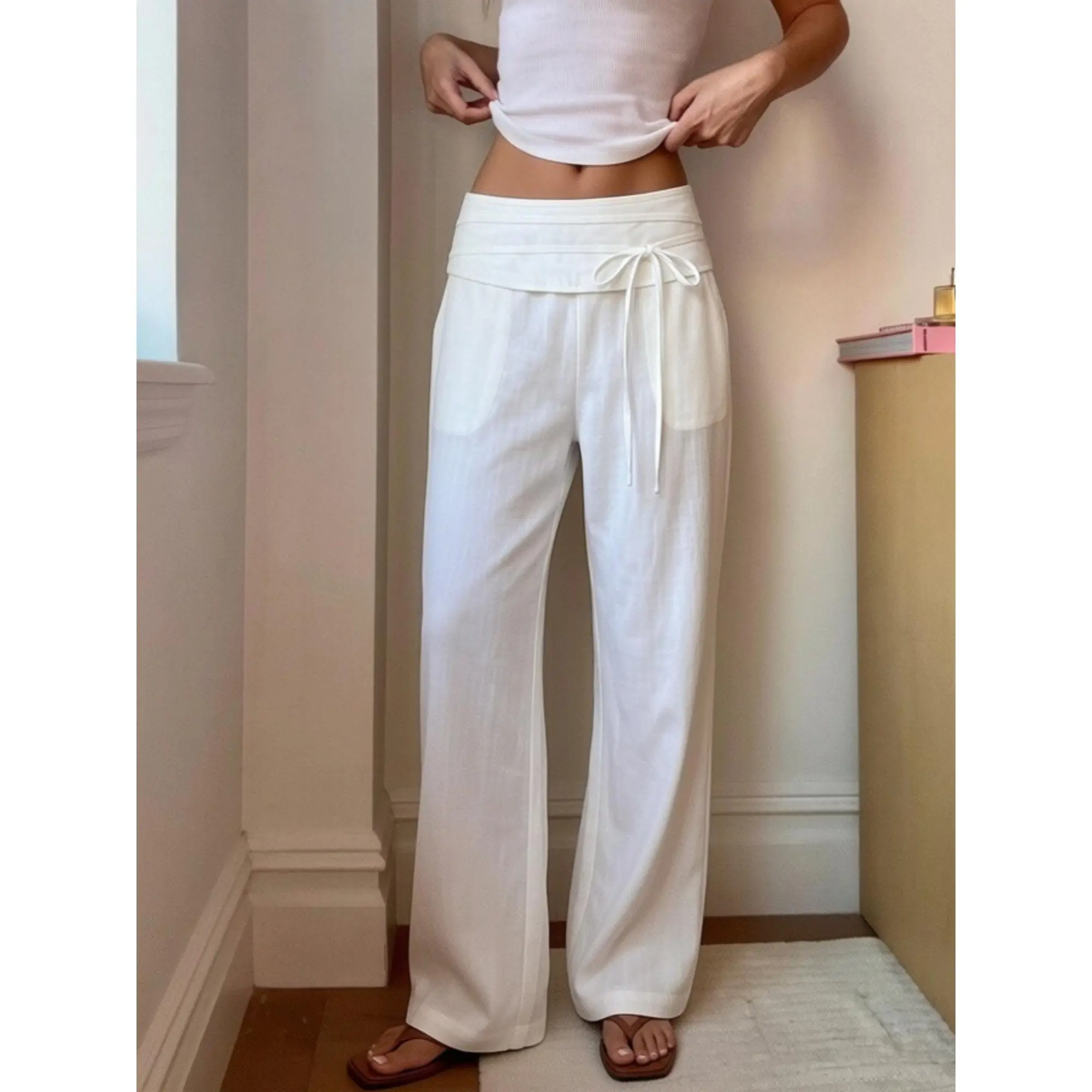 y2k Women Pants Striped/Solid Mid Rise Wide Leg Loose Long Trousers for Daily Outdoor