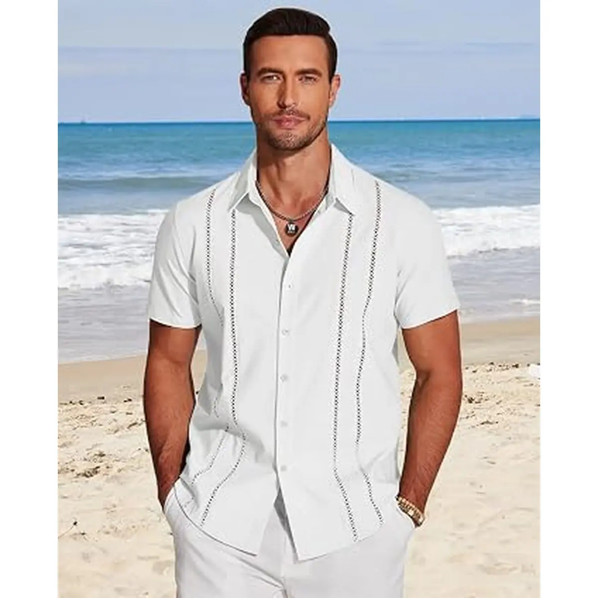 Men's Cuban Guayabera Shirt - Hollow Out Short Sleeve Linen Button Down for Summer Beach Casual