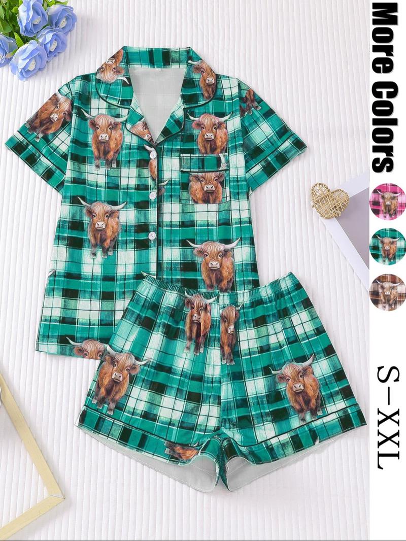 Women's All Over Cow Print Shirt & Elastic Waist Shorts Pyjama Two-piece Set, Casual Comfy Pajama, Casual Comfy Short Sleeve Top & Shorts PJ Set, Ladies Sleepwear for All Seasons, Loungewear