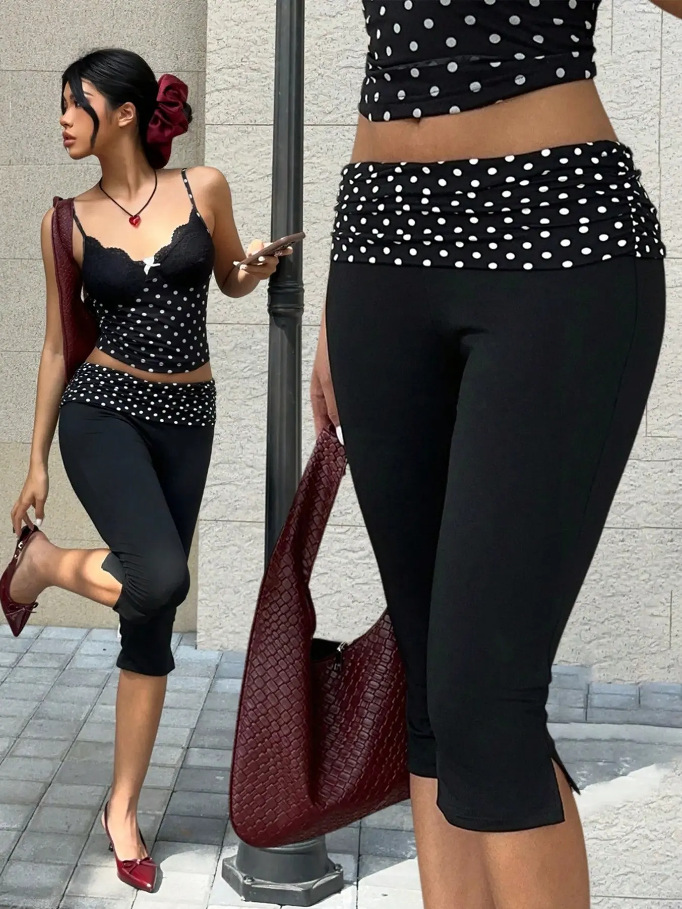 Women's Y2K Retro Vintage Polka Dot Ruched Fold Over Waist Capri Leggings, Chic Casual Leggings, Stretchy High Waisted, Casual Viral Parisian Urban Streetwear, Ultra Soft High Stretch Jersey Fabric, Gathered Fold Over Waistband Full Dot Pattern Design