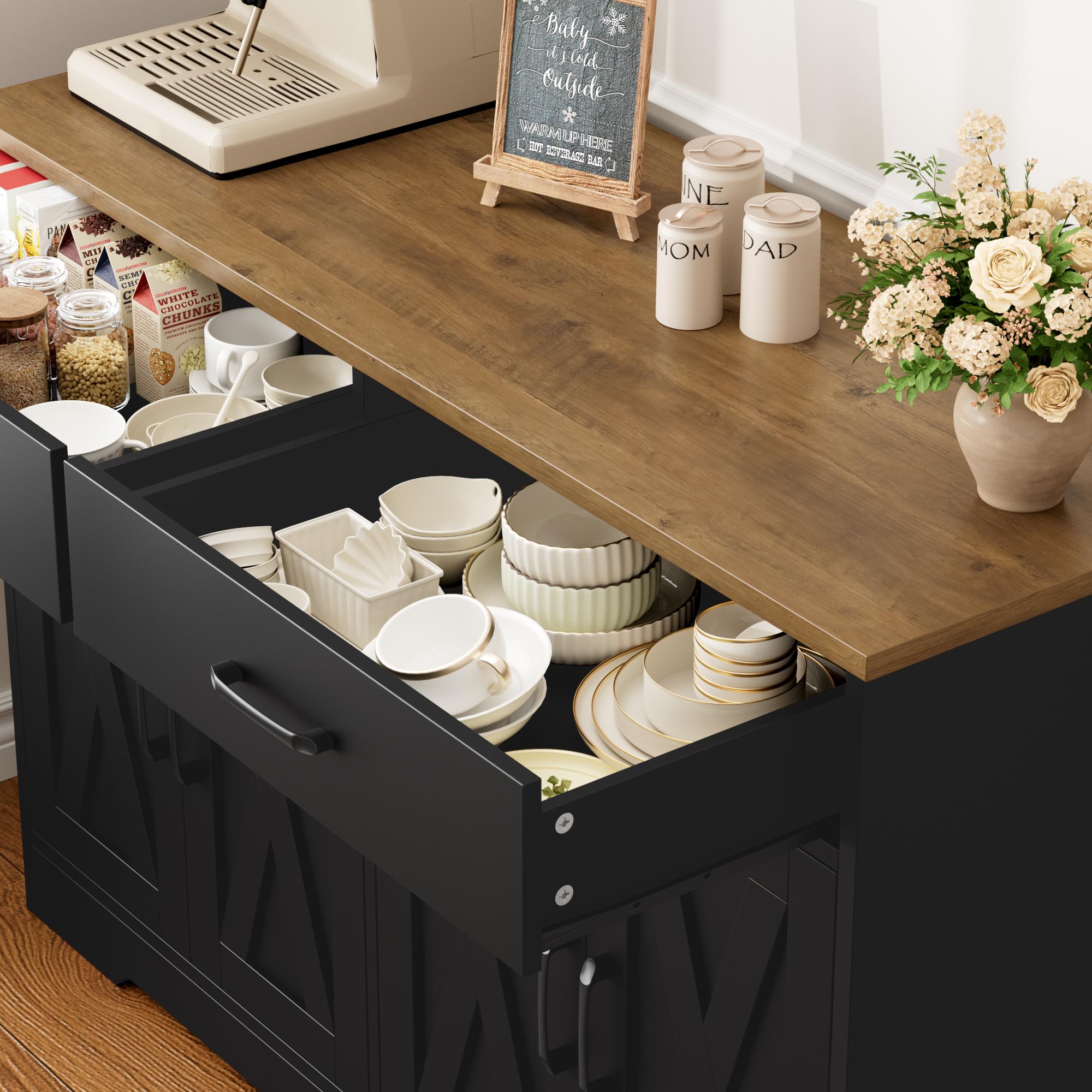 HOSTACK Buffet Cabinet, Coffee Bar with 2 Drawers, Shelves, 4 Doors, Modern Farmhouse Kitchen Sideboard Buffet, Wood Storage Cabinet