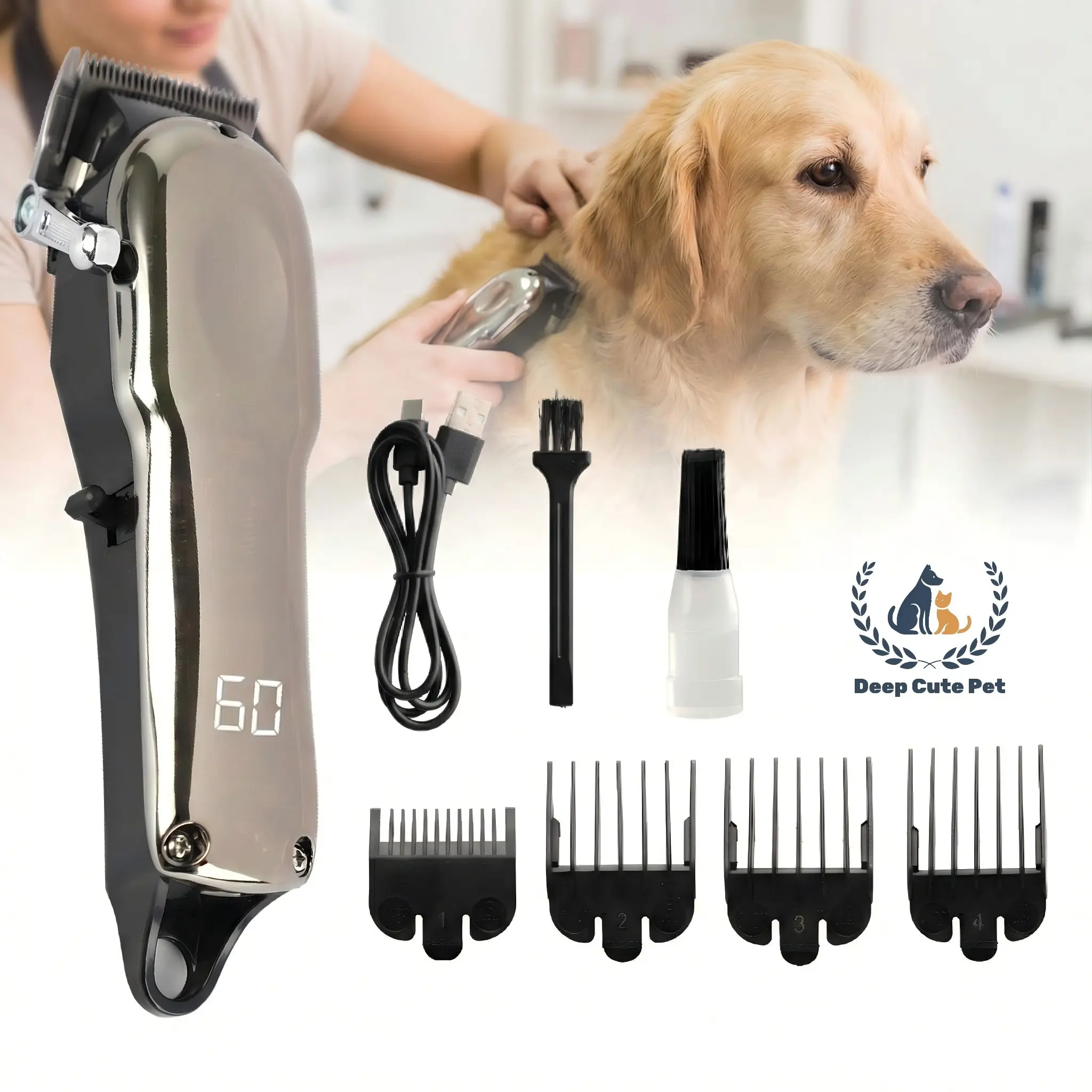 High-End Pet Grooming Clipper, Grooming Tools with Stainless Steel Blade, High-Speed Low Noise, LCD Light, Cordless, for Dogs, Cats, Sheep, Horses