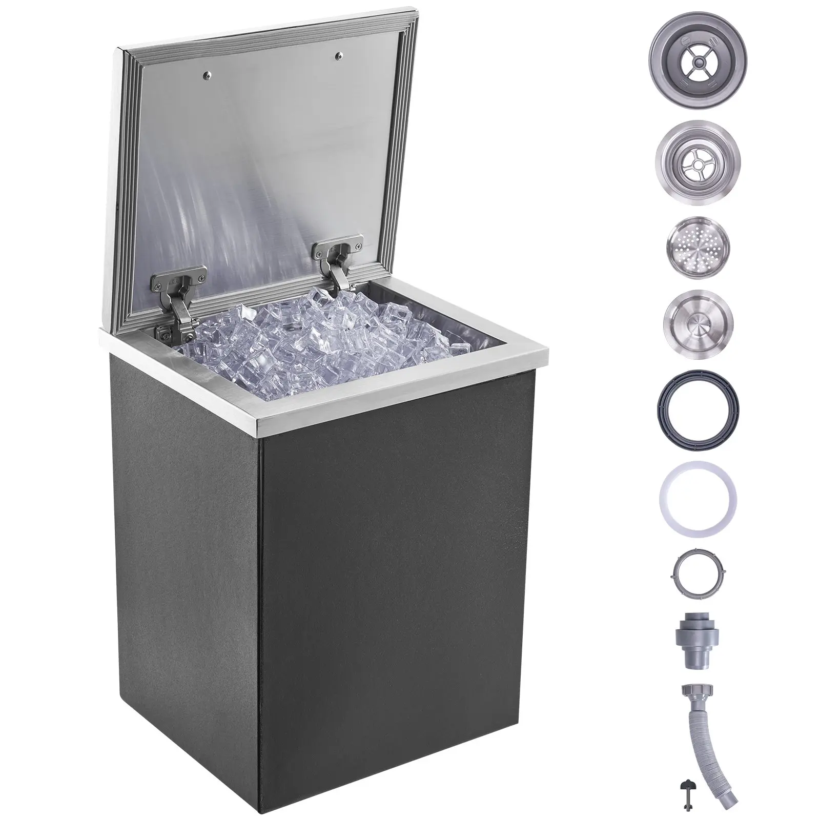 【DealsForYouDays】VEVOR Drop in Ice Chest, 14"Lx 12"Wx 18"H Stainless Steel Ice Cooler, Commercial Ice Bin with Hinged Cover, 40 qt Outdoor Kitchen Ice Bar, Drain-pipe and Drain Plug Included, for Cold Wine Beer