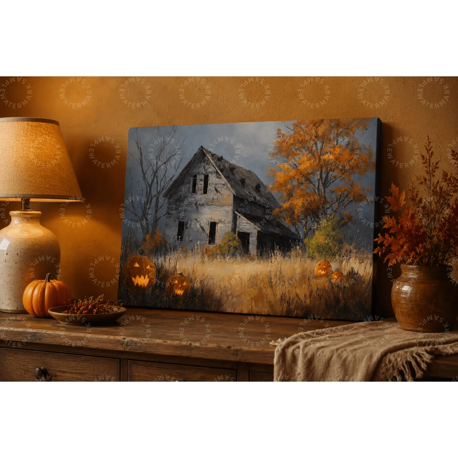Halloween Farmhouse Canvas Poster, Rustic Abandoned House & Pumpkin Wall Decor, Autumn Aesthetic Poster for Living Room, Bedroom Wall Art, Office Wall Art, Vintage Fall Landscape Decor, Halloween Gift
