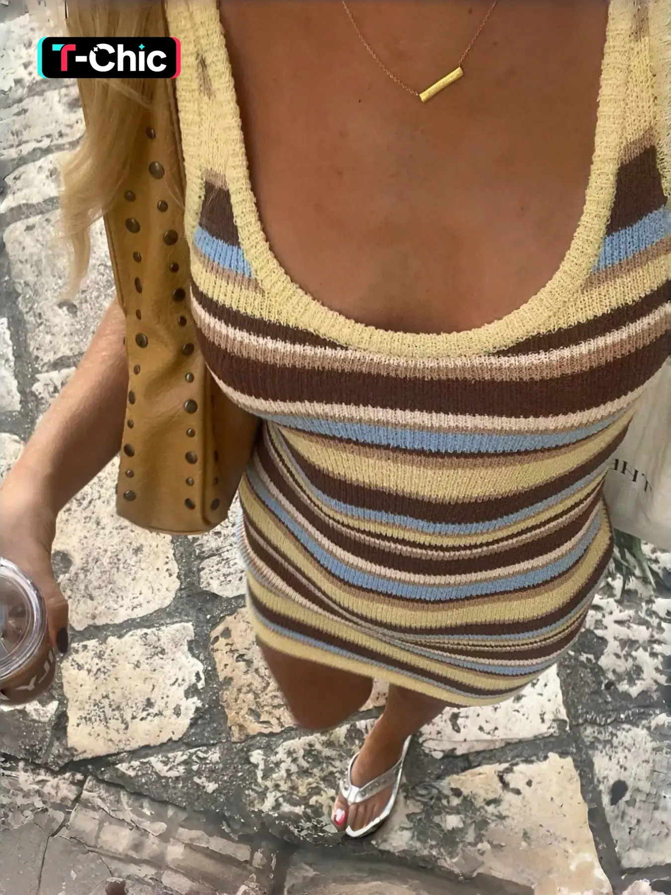 Summer Women's Slimming Sexy Colorblock Striped Knit Dress, Casual Fashion Long Sleeve Round Neck Design, Perfect for Daily Wear, Womenswear, Bodycon Fit Striped Dress, Bodycon Fitted