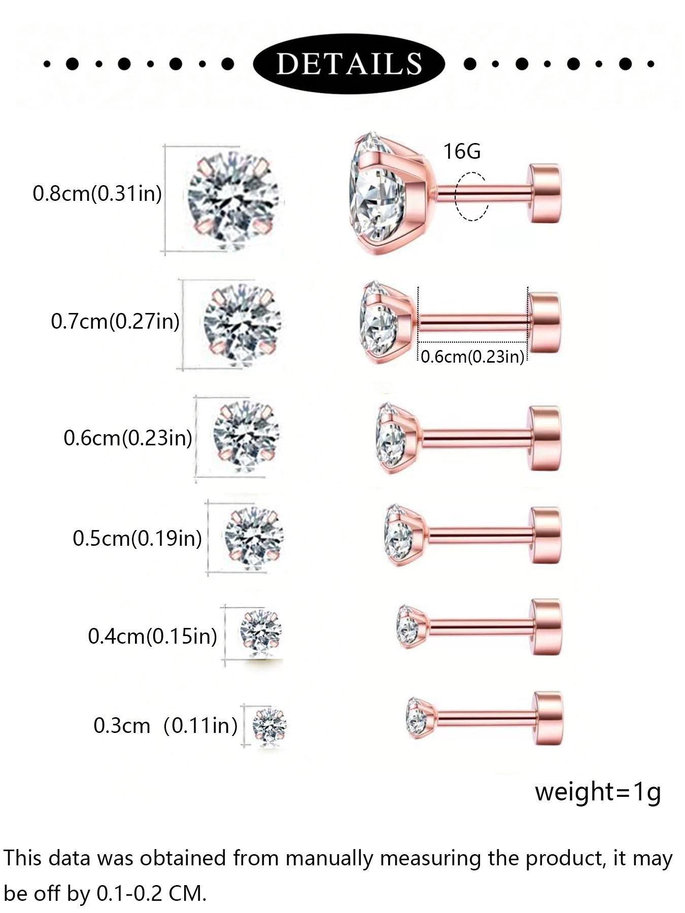 Multiple Sizes Cubic Zirconia Decor Ear Studs, Stainless Steel Material Ear Cartilage Piercing Jewelry for Women, Fashion Body Piercing Jewelry for Party, Daily Cubic Zirconia Decor, Funky Jewelry Six Pairs Variety, Rhinestone Embellishments