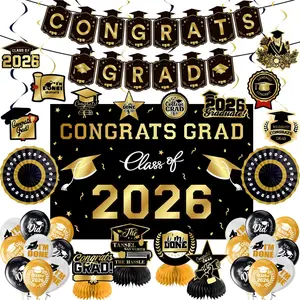Graduation Decorations 2026 Gold Themed Set, Congrats Grad Banner Class of 2026 Backdrop Balloons and Streamers Kit High School and College Graduation Party Supplies
