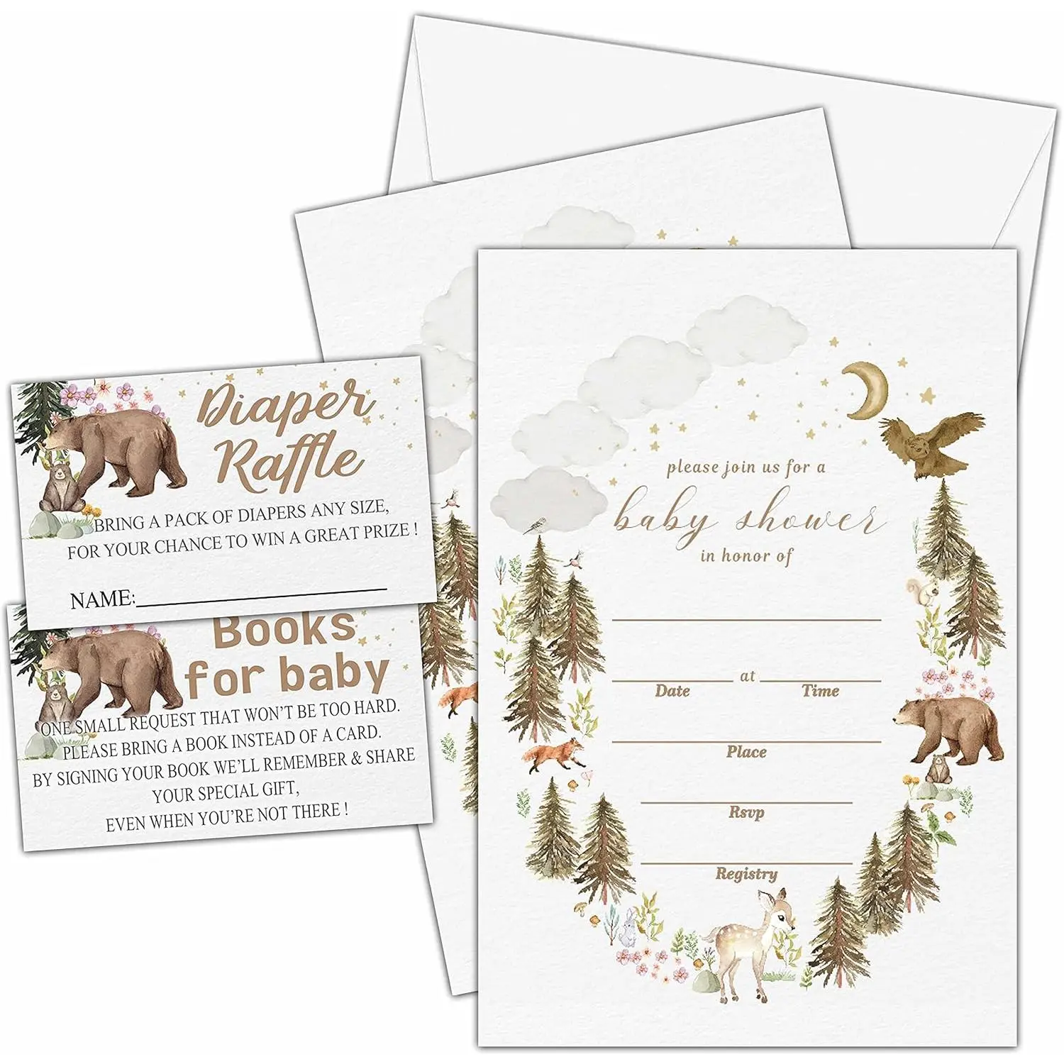 Set of 25  Shower Invitations, Forest Woodland,  Gender | Reveal Party Invites with Envelopes, Book Request Cards, Diaper Raffle Tickets for Party Decorations Supplies- A13