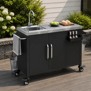 55.5" Outdoor Kitchen Island with 304 Stainless Steel Sink, Metal Grill Cart Table with Lockable Wheels, BBQ Prep Station, Black