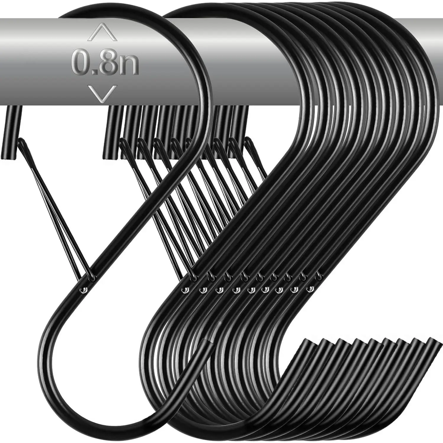 12 Pack Heavy Duty Solid Steel Black S Hooks with Safety Buckle - 4 in Closet/Kitchen Hooks for Utensils, Bags, Garage Rods