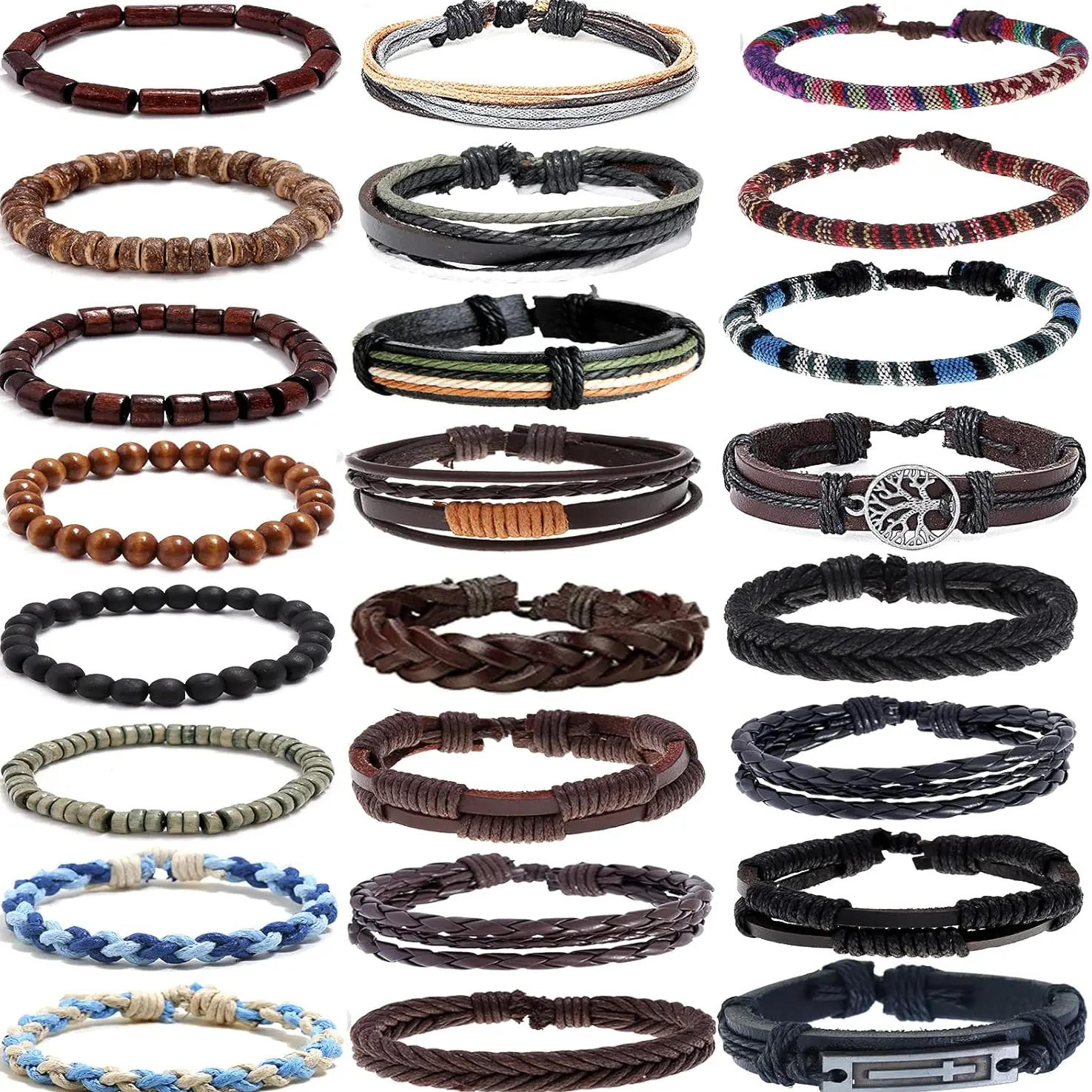 24Pcs Tribal Braided Bracelets for Men & Women, Handmade Leather and Wood Bead Cuff Set with Adjustable Beaded Design, Stackable, 7–8.5 Inch Flexible Knot, Bracelet Sets, Handmade Stacking Bangles, Cuff Bangles Bracelets
