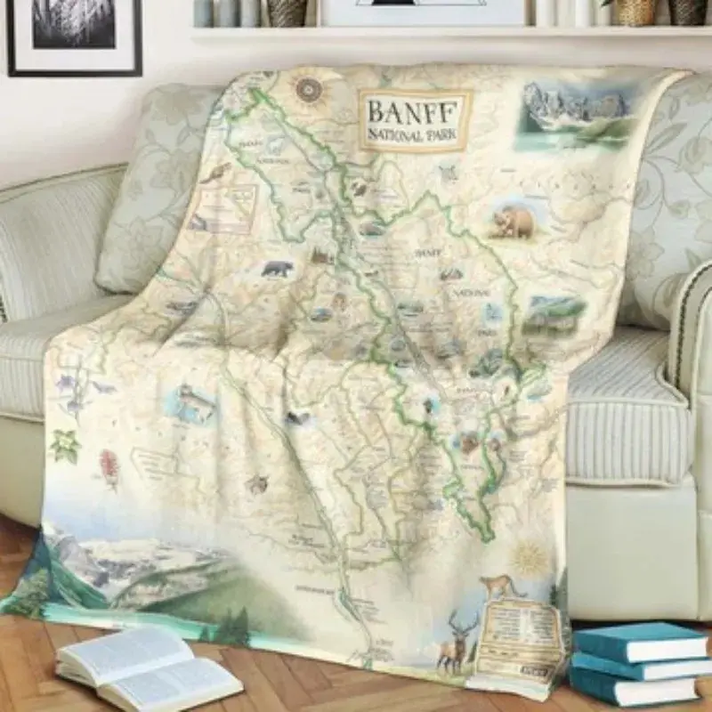 Banff National Park Vintage Map Illustrated Travel Art Throw Blanket Nature Wanderlust Souvenir Soft Warm Microfiber Fleece Blanket Bed Couch Decor