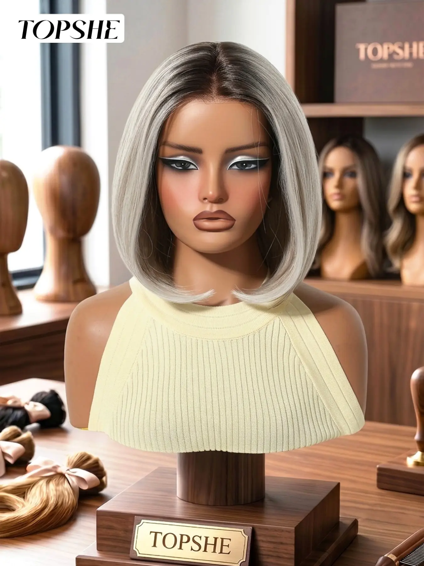 Topshe Short Bob Wig, High Crown Base Silver Gradient Gold Highlights, Seamless Lace Front, Perfect for Cosplay and Events, Synthetic Wig