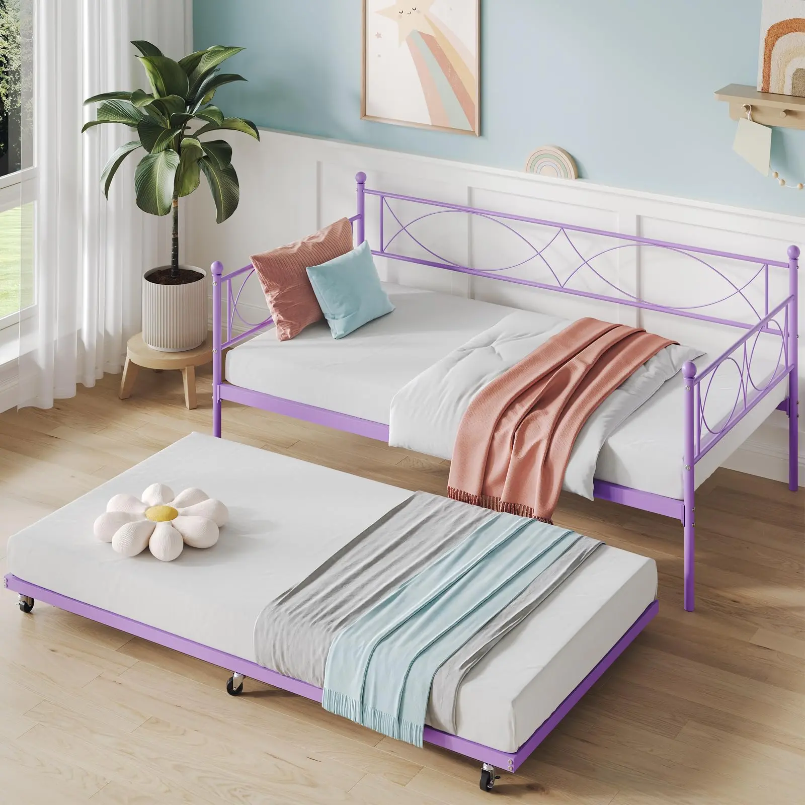 Garvee Twin Daybed with Trundle - Metal Day Bed with Pull Out Trundle, Trundle Bed Twin with Premium Steel Slat Support, Multifunctional Twin Daybed for Bedroom, Living Room, Guest Room