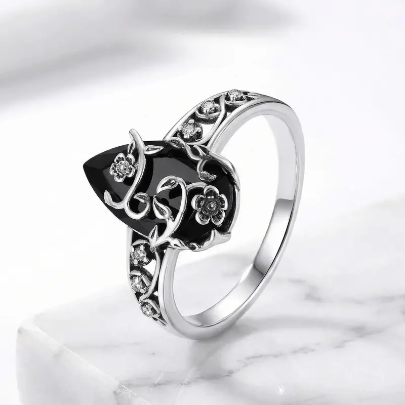925 Sterling Silver Synthetic Obsidian Ring with Vintage Flower Design, Elegant Black Lab Grown Diamond Ring Jewelry for Women, Energy Crystal Ring Perfect for Daily Wear and Birthday Party, Mother's day Gift, with Gift Box