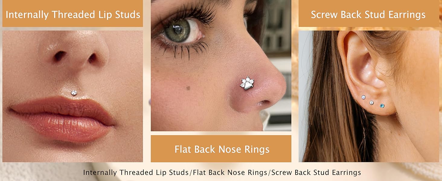 15PCS 16G 18G Stainless Steel Lip Studs for Women Internally Threaded Labret Lip Ring CZ Opal Flat Back Nose Rings Stud Cartilage Helix Tragus Earrings Piercing