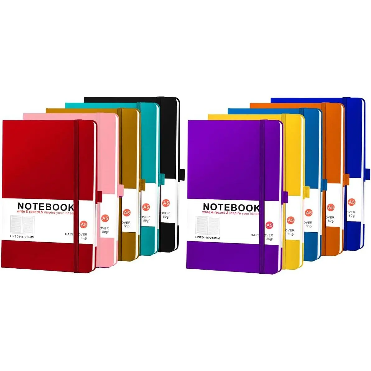 10-Pack Hardcover Journals Bulk Set with Elastic Bands, A5 Lined Office Notebooks for Women, 200 Pages/100 Sheets, 5.8x8.4in College Ruled for Writing Business Work, 10 Colors, Modern