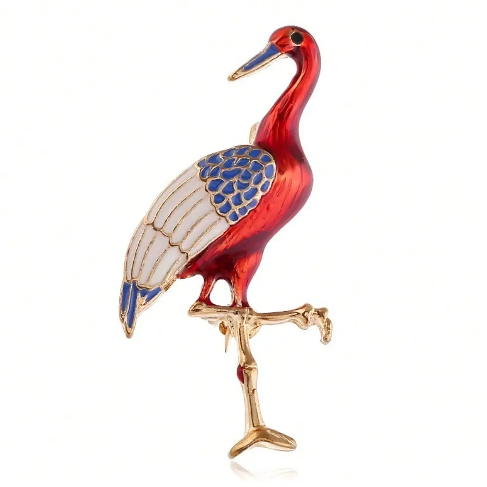 Red White Blue Enamel Crane Gold Brooch Unisex Chinese Auspicious Bird Lapel Pin Gift