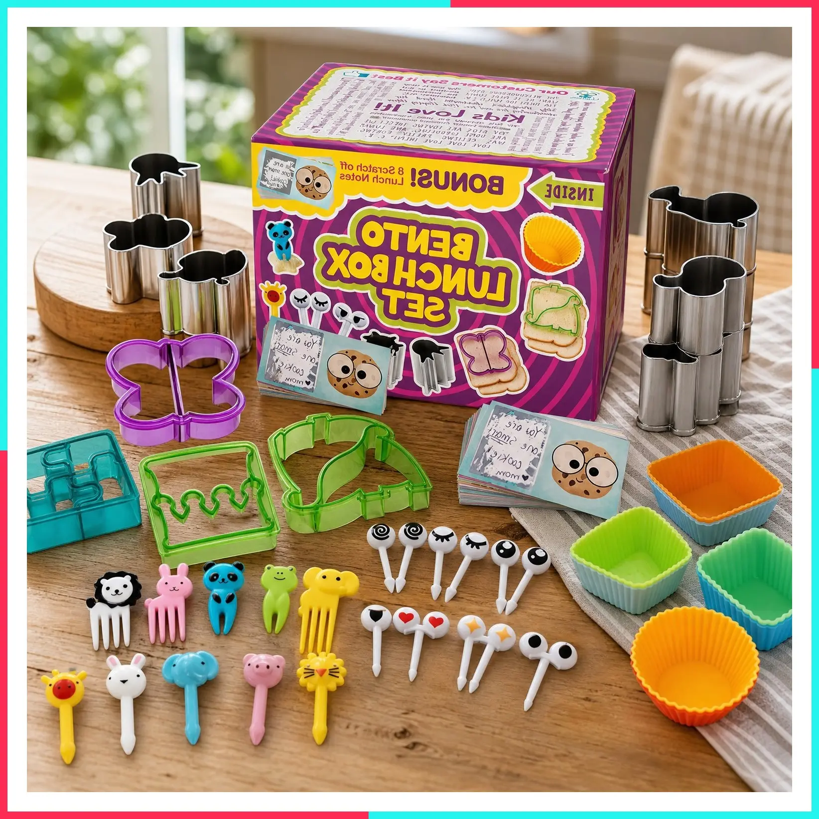 Complete Bento Lunch Box Supplies for Kids - Sandwich Cutter, Bread Crust Remover, Mini Fruit & Vegetable Shape Cookie Cutters, Silicone Cup Dividers, Free Food Pick Forks