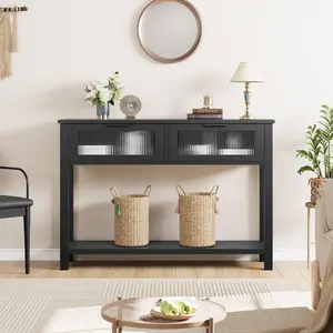 ✨ Glass Drawer Entryway Table – Slim Farmhouse Console with 2 Drawers & Open Shelf. Perfect for Hallway, Living Room & Behind the Couch! 🏡
