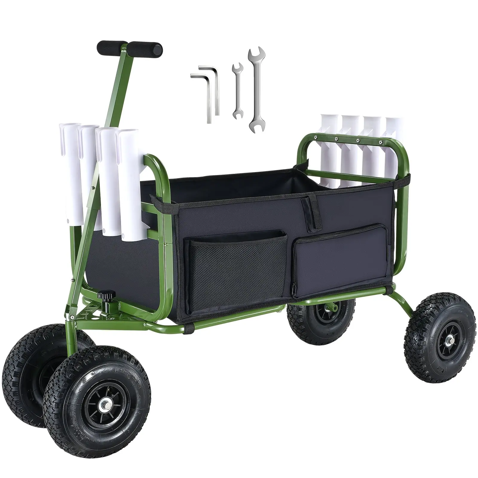 Beach Fishing Cart, 300 lbs Load Capacity, Foldable Fish and Marine Cart with Four 11" Big Wheels Rubber Balloon Tires, Heavy-Duty Steel Pier Wagon Trolley with 8 Rod Holders for Picnic