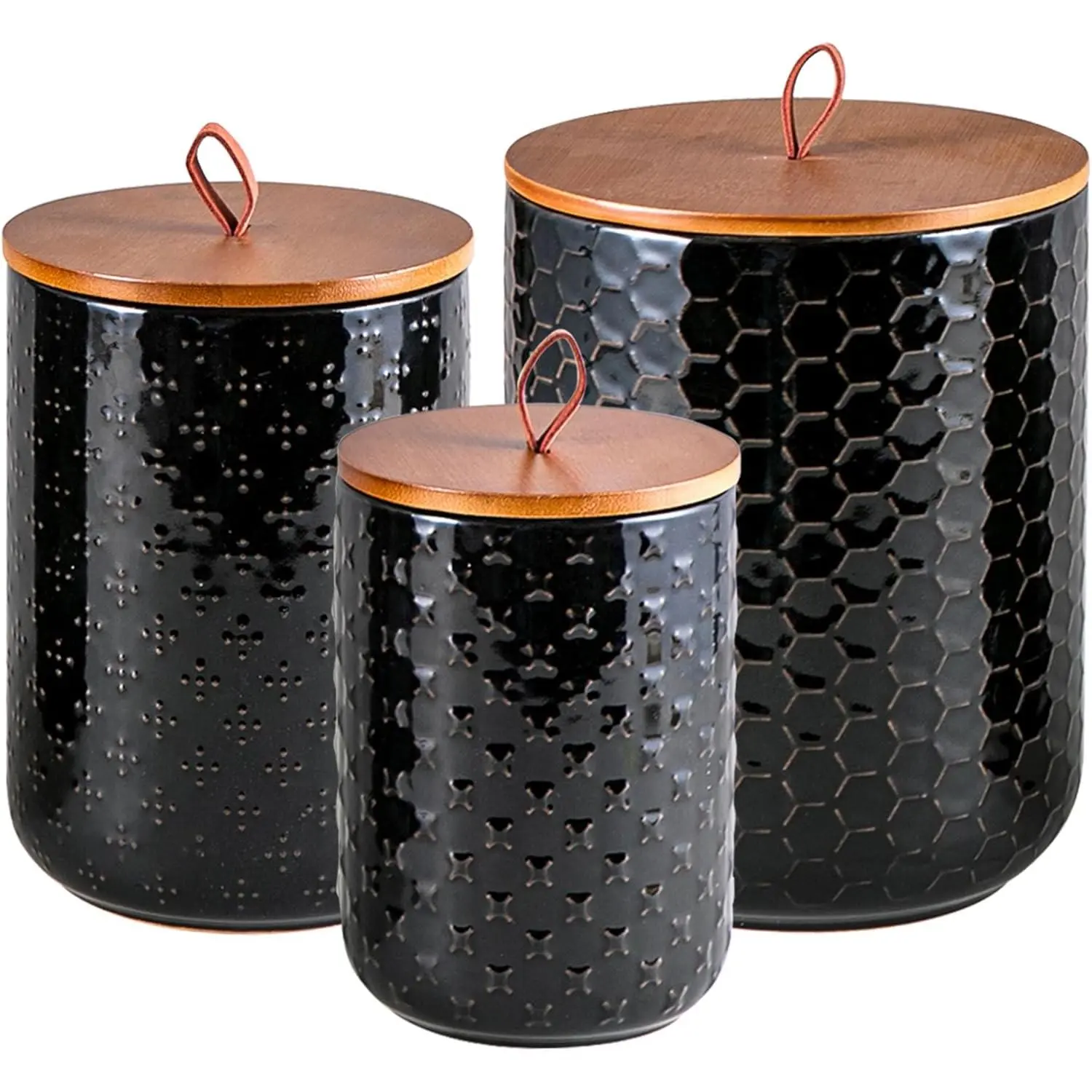 Black Ceramic Canister Set with Wooden  – 3- Airtight  Storage Jars for Kitchen, Embossed Design, Small/Medium/Large Sizes (30/48/82 oz) – Flour, Sugar, Coffee,  Containers