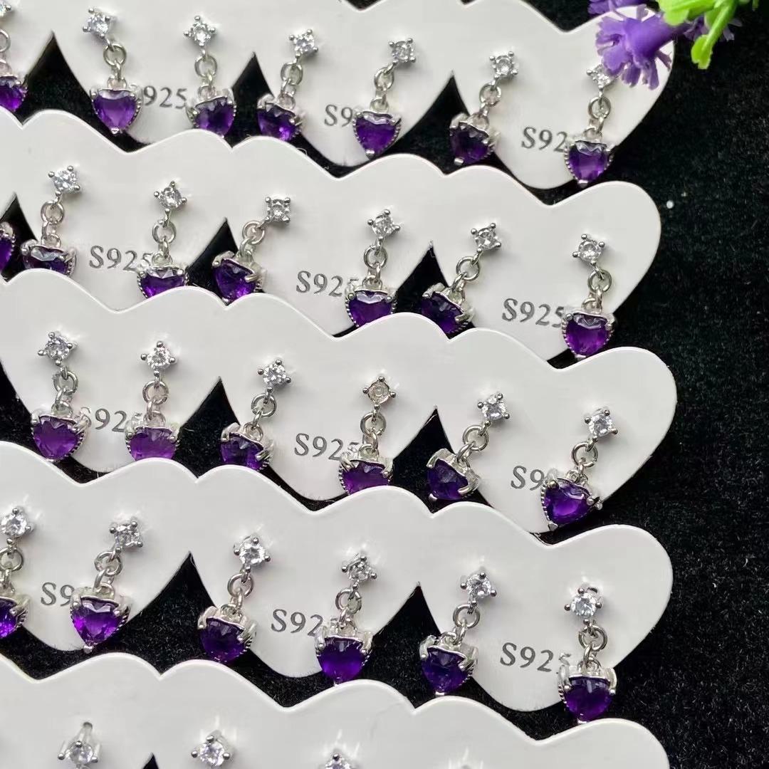 5pc Lucky Stone Earrings Women's Natural Cut Amethyst Heart-Shaped Earrings Sterling Silver Needle Delicate Mosaic Crystal Earrings Ornament Natural Crystal Personalized Birthstones