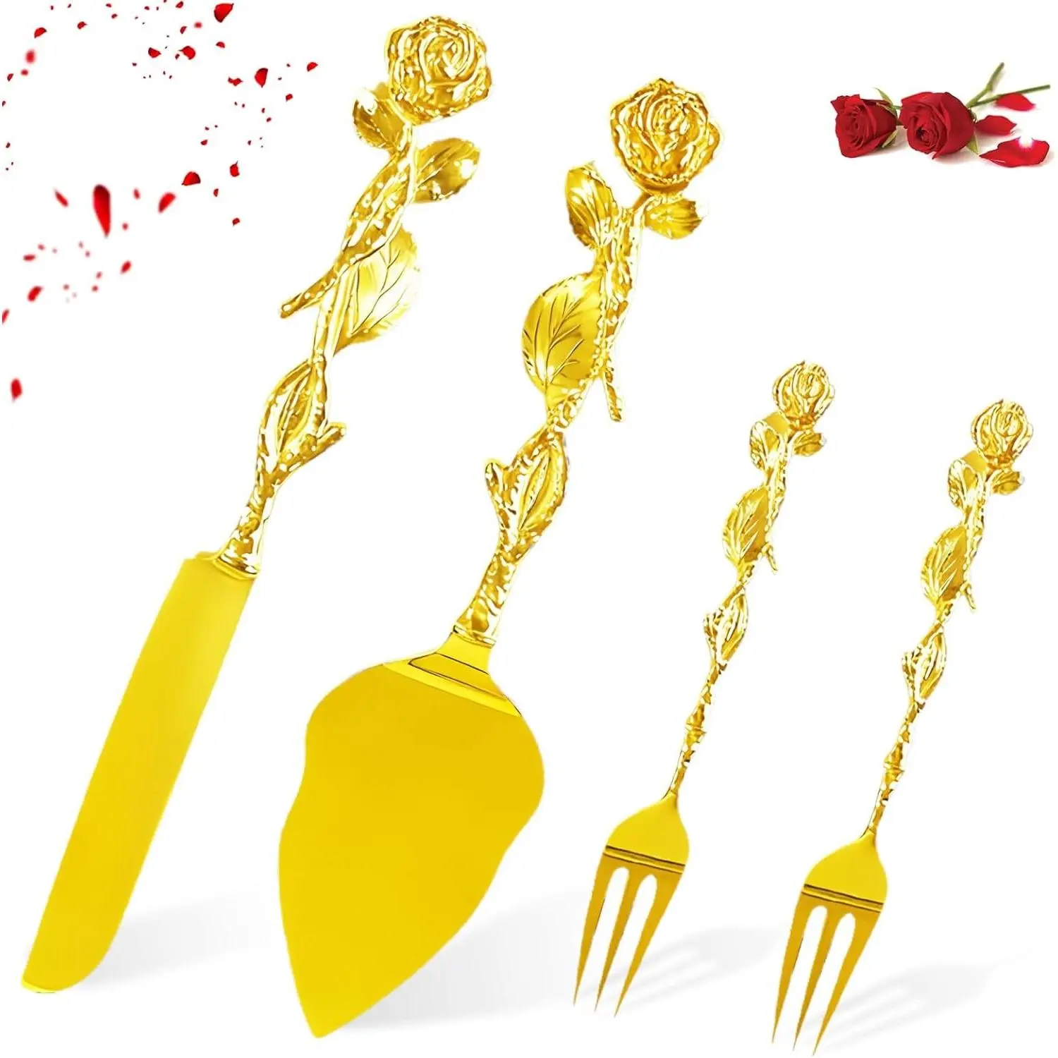 4 Pcs Gold Rose-Engraved Wedding Cake Knife and Server Set | Gold Plated, Rose-engraved Handles. 10.35" Knife + 11" Server + 2 Forks. For Wedding, Anniversary, Bride and Groom, Gift