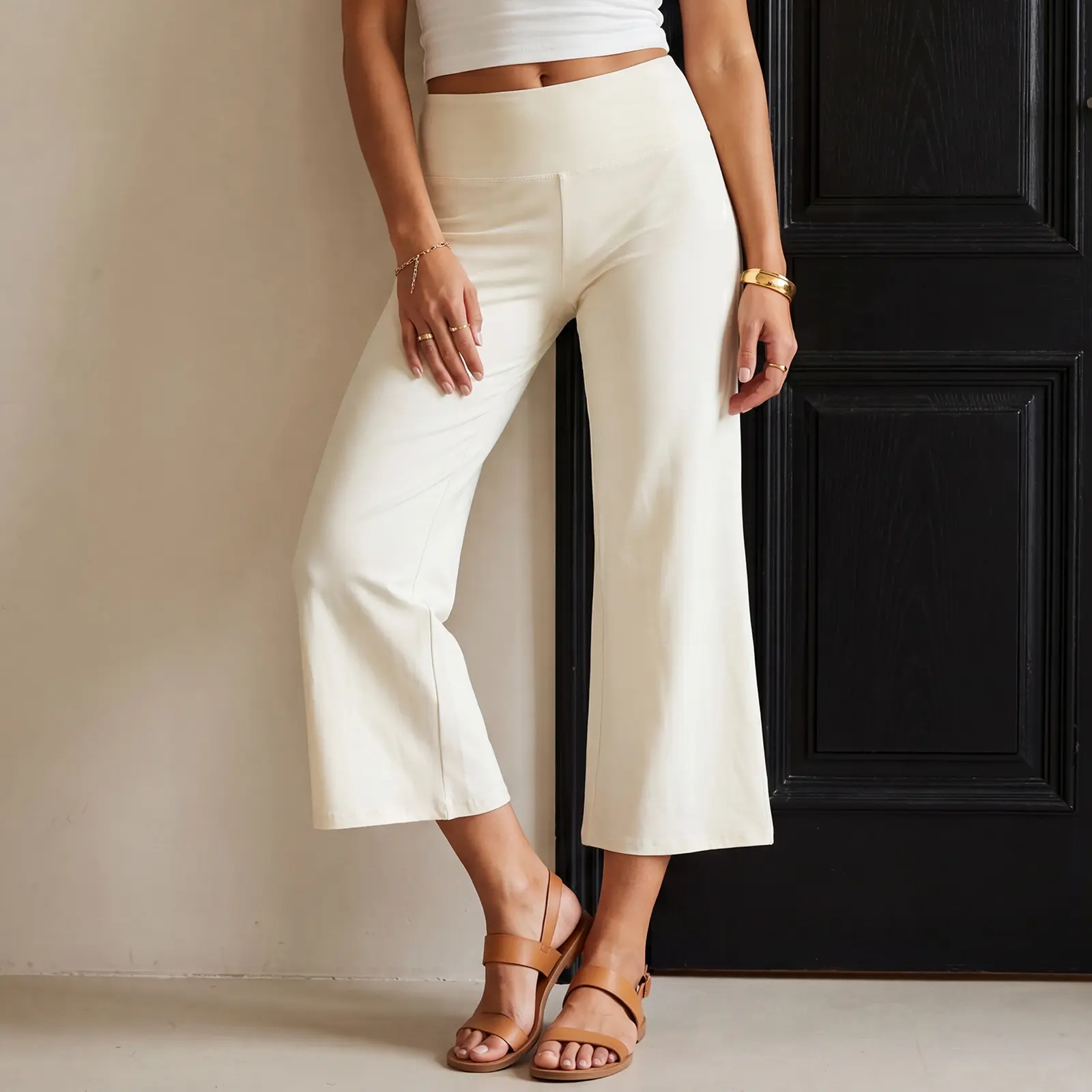Women Slightly Flare Capri Pants Solid Color High Waist Cropped Trousers