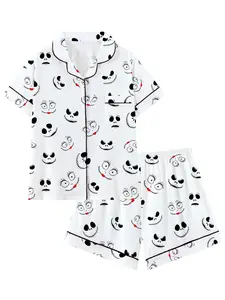【Halloween】Creepy Cute Skeleton Smile Pajama Set | Spooky Stitched Face Graphic Sleepwear with Black Piping | Goth Coquette Short Sleeve Summer Lounge Outfit | Fun Summeroween 2-Piece PJs